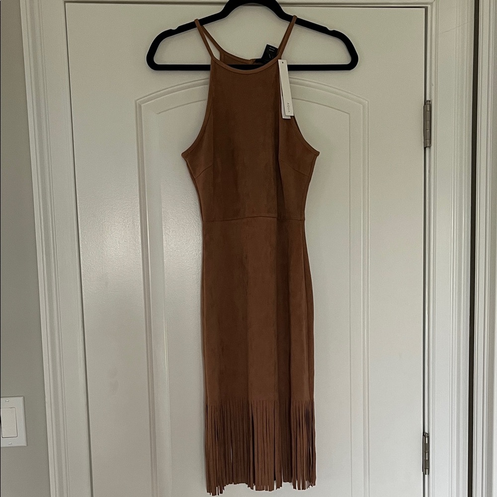 Aqua Tan Midi Dress with Fringe